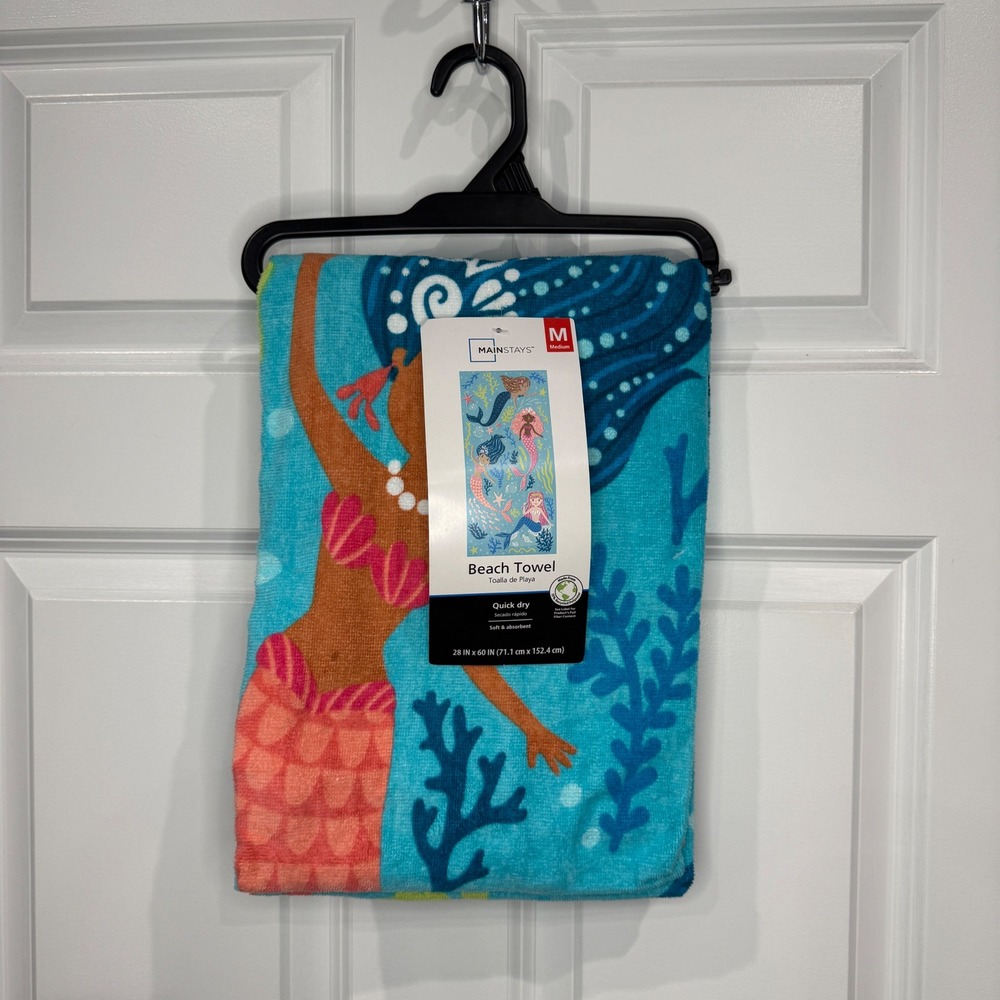 Mainstays Kids Mermaid Beach Towel Blue Quick Dry 28 x 60 NWT